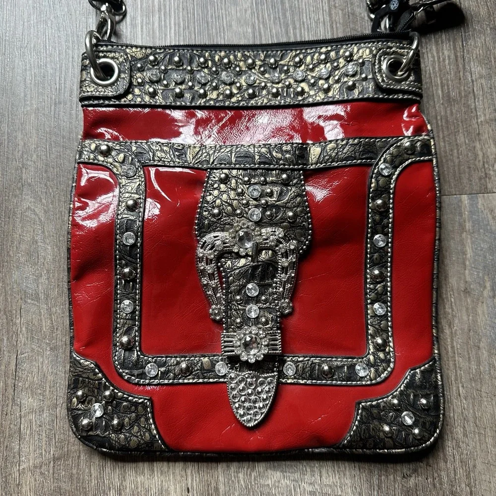 Rhinestone Skull Crossbody Purse Strap Glossy Y2K Grunge Mall Goth Red Black